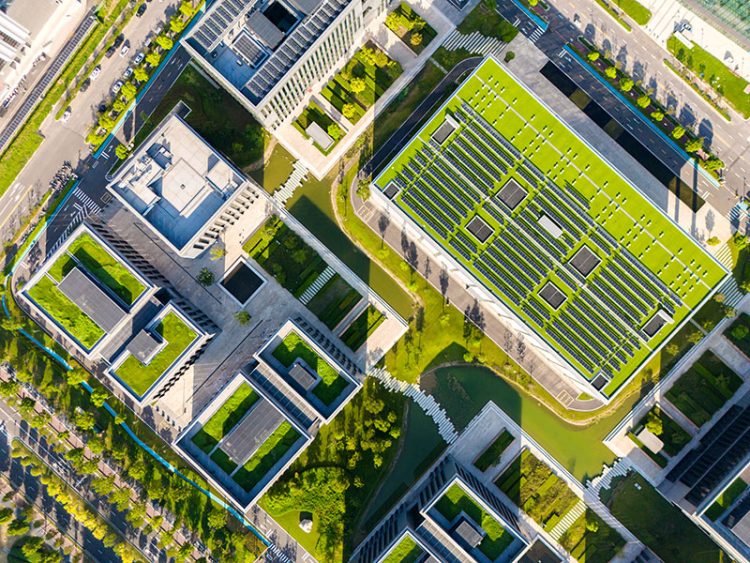 Solar panels on the roof of an urban eco-office building